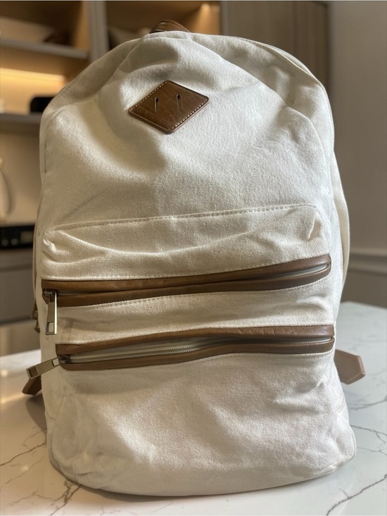 L.L. Bean Other - Canvas Backpack Cream White Brown Faux Leather Trim Travel School Bag